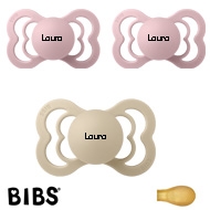 BIBS Supreme Schnuller mit Namen, Gr. 2, 1 Vanilla, 2 Pink Plum, Symmetrisch Latex, 3'er Pack